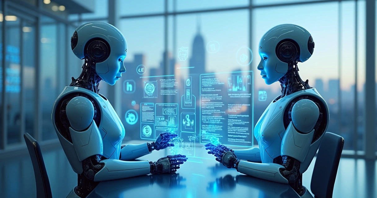 Desenho de robôs digitais simulando automação de processos empresariais 