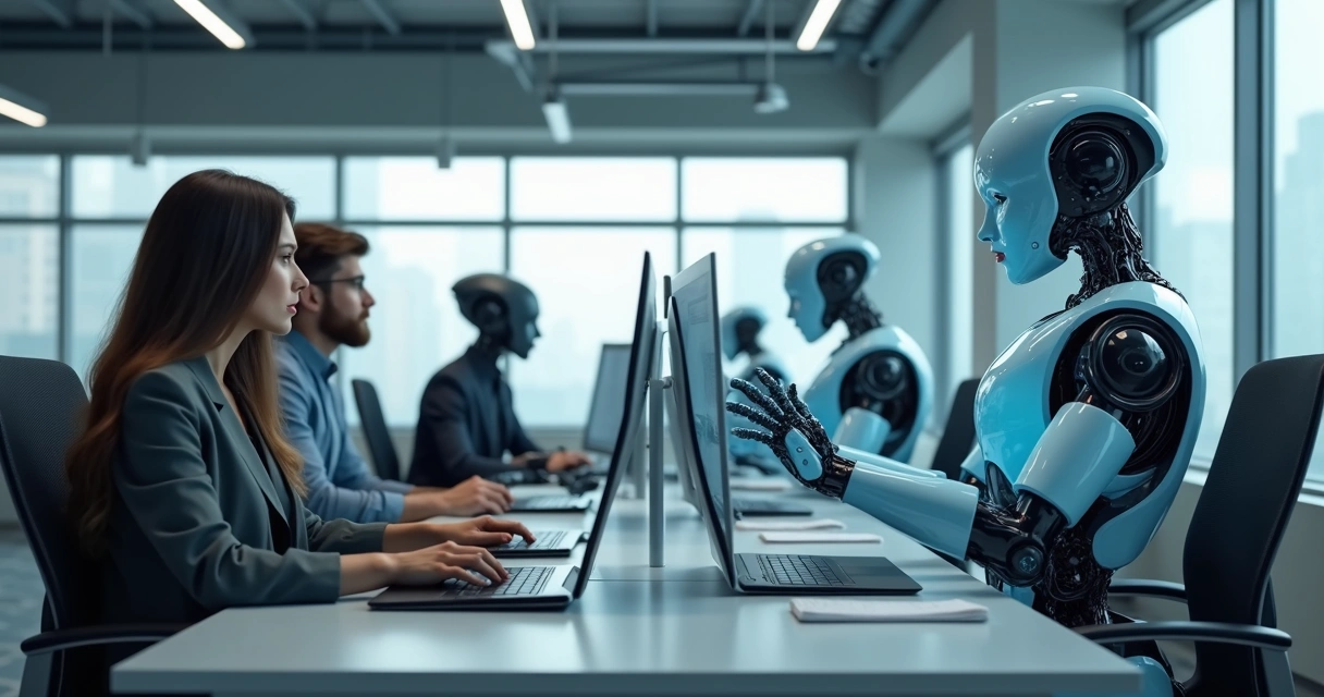 Robôs digitais trabalhando em telas de computador na empresa 