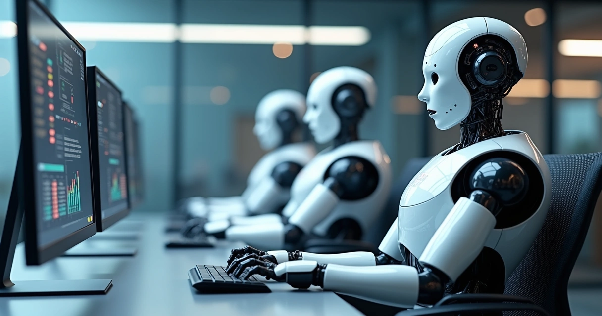 Robôs digitais atuando em múltiplos computadores organizados em uma mesa ampla, todos realizando tarefas repetitivas de processamento de dados 