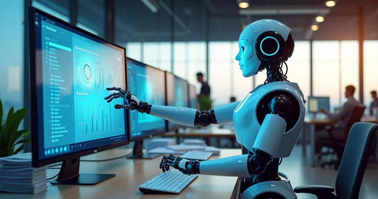 Robô digital operando sistema tributário em escritório moderno