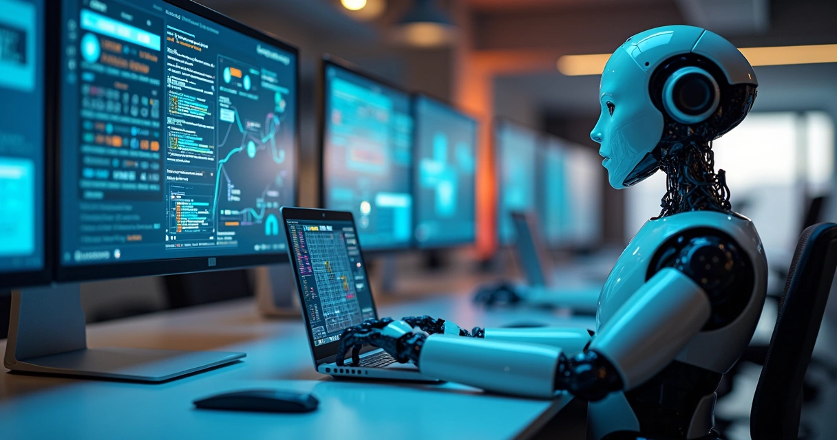 Robôs inteligentes analisando chamados de suporte de TI em painéis digitais 