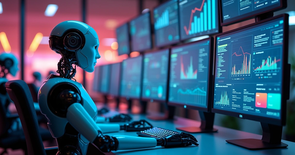 Robôs digitais em grandes telas de computador monitorando campanhas de marketing digital 