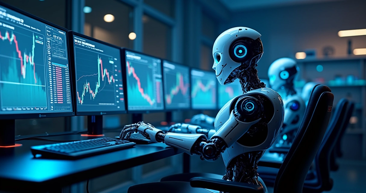 Robôs de trade monitorando múltiplos ativos em painéis digitais 