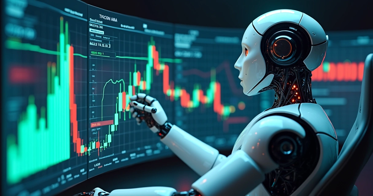 Robô de trading exibindo gráficos técnicos complexos em múltiplas telas digitais 