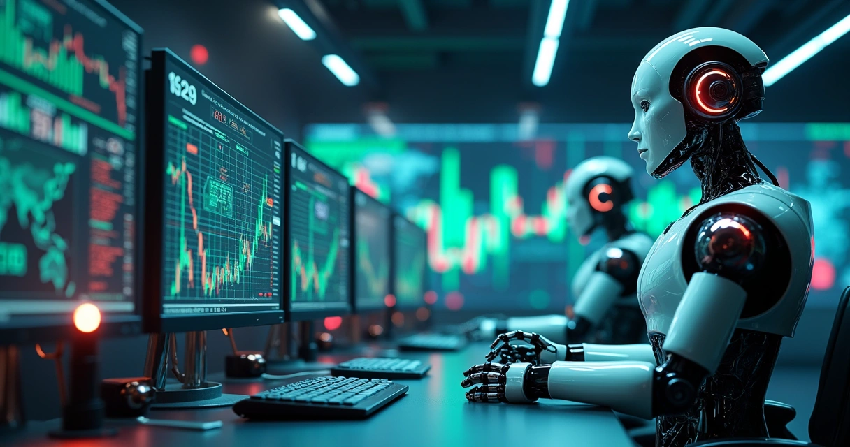Robôs trader operando em múltiplos monitores com gráficos financeiros e códigos de algoritmo na tela 