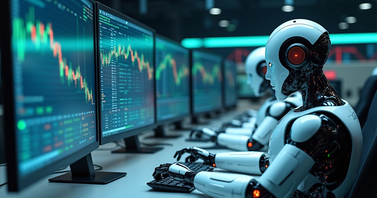 Robôs traders analisando dados financeiros em múltiplas telas digitais em um ambiente moderno de escritório 