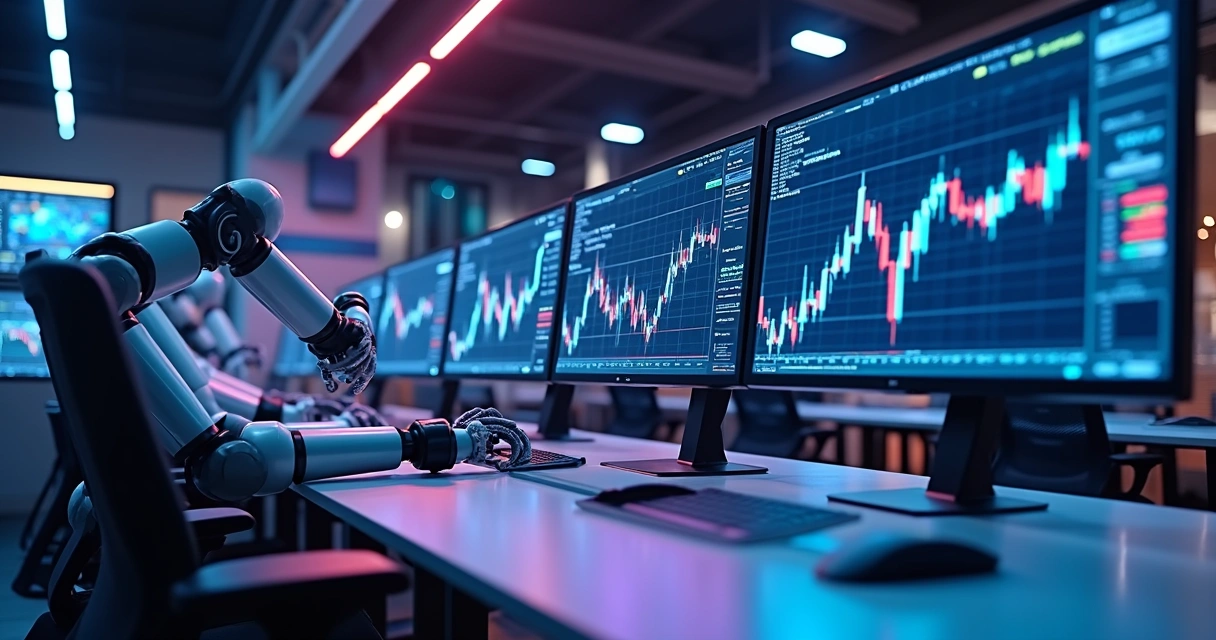 Robôs traders operando em múltiplos monitores com gráficos financeiros e dados digitais no fundo 
