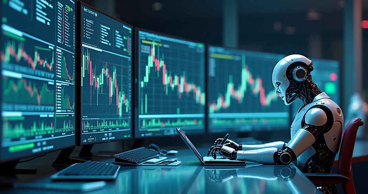 Robôs de trading de criptomoedas analisando gráficos em múltiplos monitores