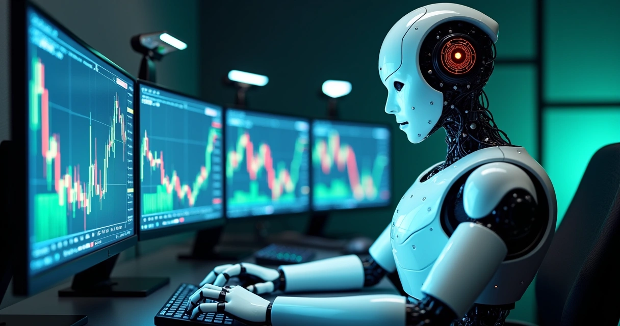 Robô analisando gráficos de ações em tela digital 