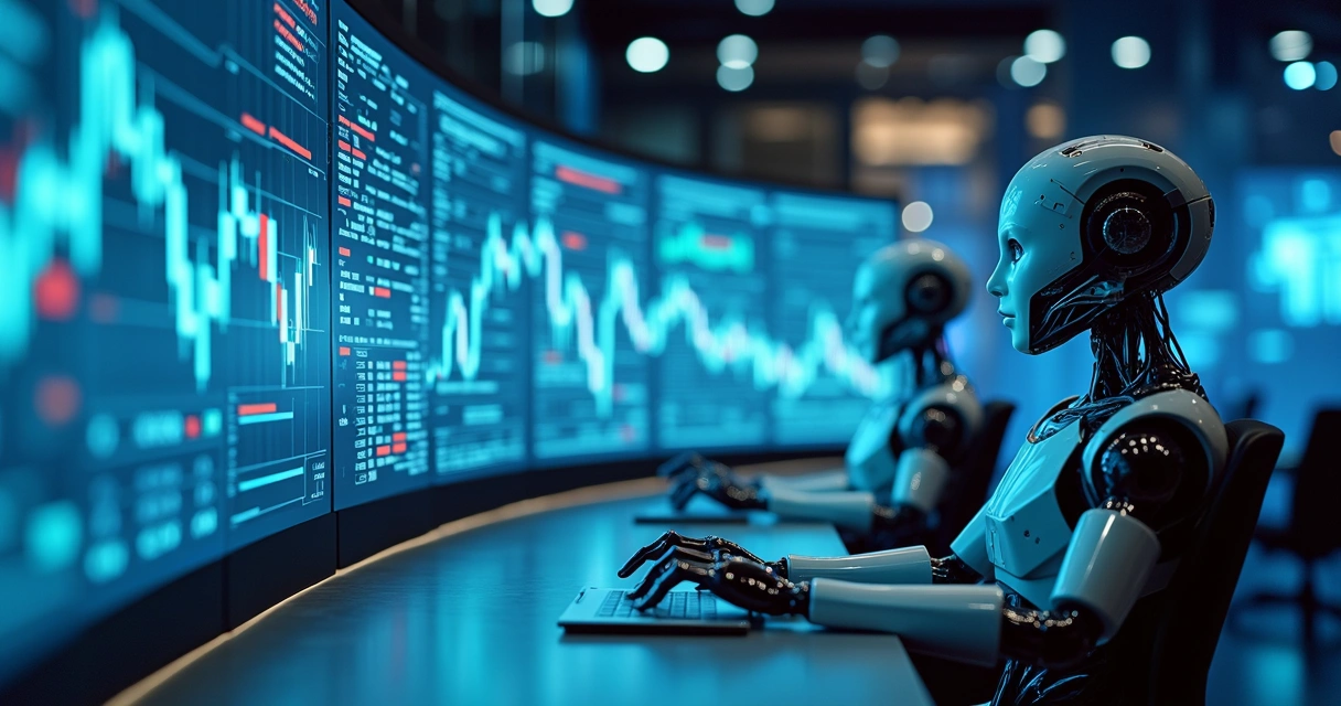 Robôs traders operando estratégias de algotrading em telas com gráficos financeiros complexos e dados em tempo real 