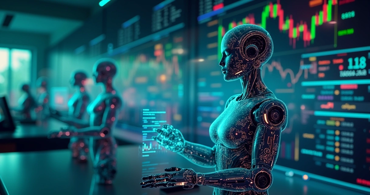 Robôs traders em uma tela digital com gráficos financeiros e indicadores de mercado 