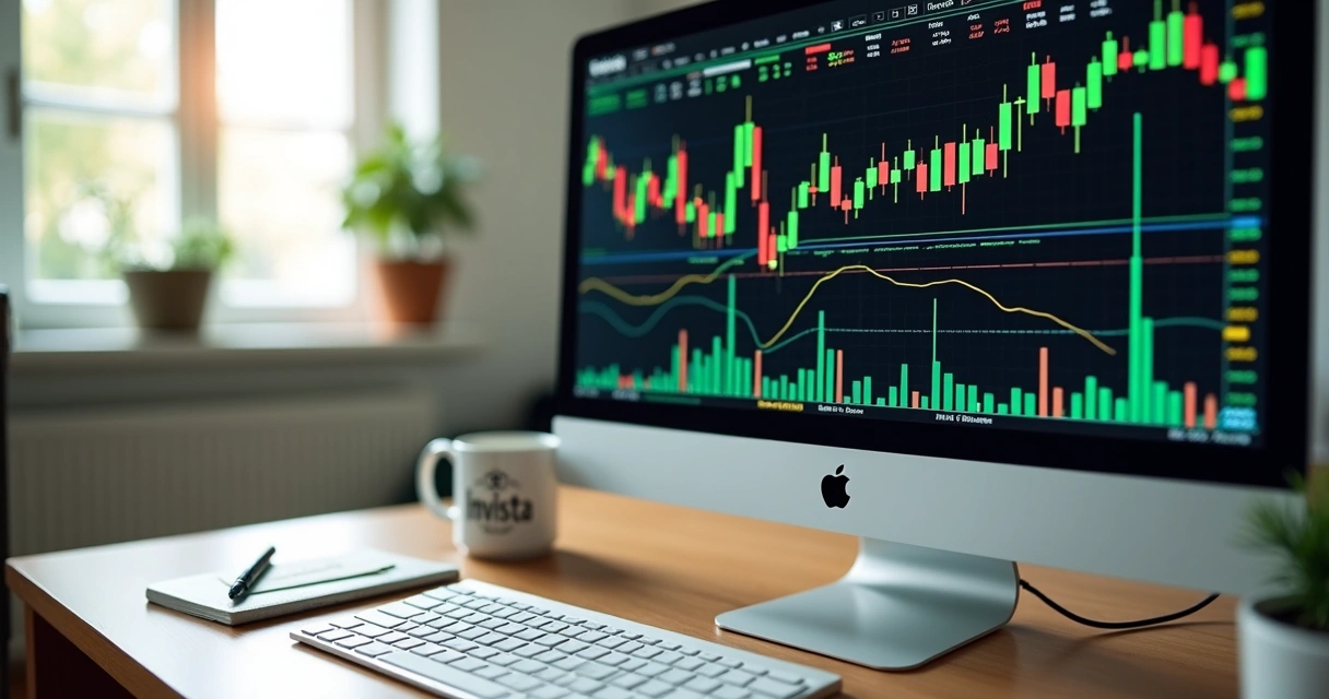 Tela com robô de trading ativado e gráficos financeiros 