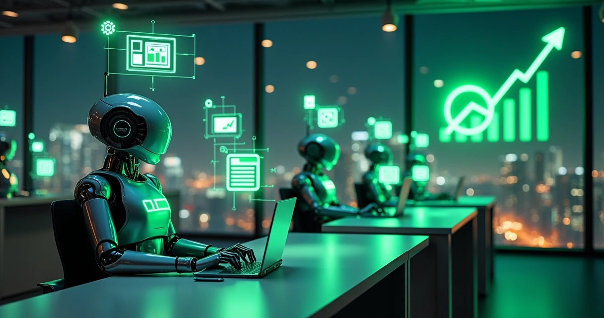Robôs de atendimento representando automação de mensagens no WhatsApp em cenário corporativo 
