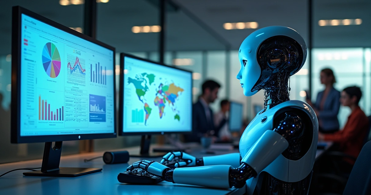 Assistente digital analisando gráficos e indicadores corporativos