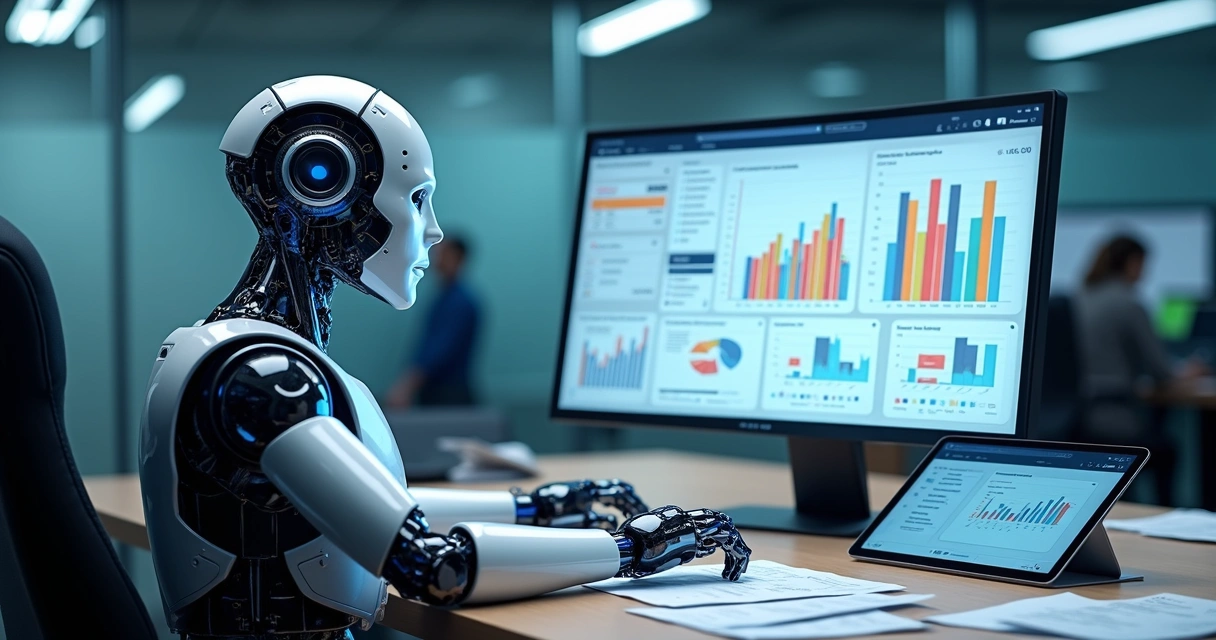 Robô analisando tela de sistema ERP em ambiente corporativo 