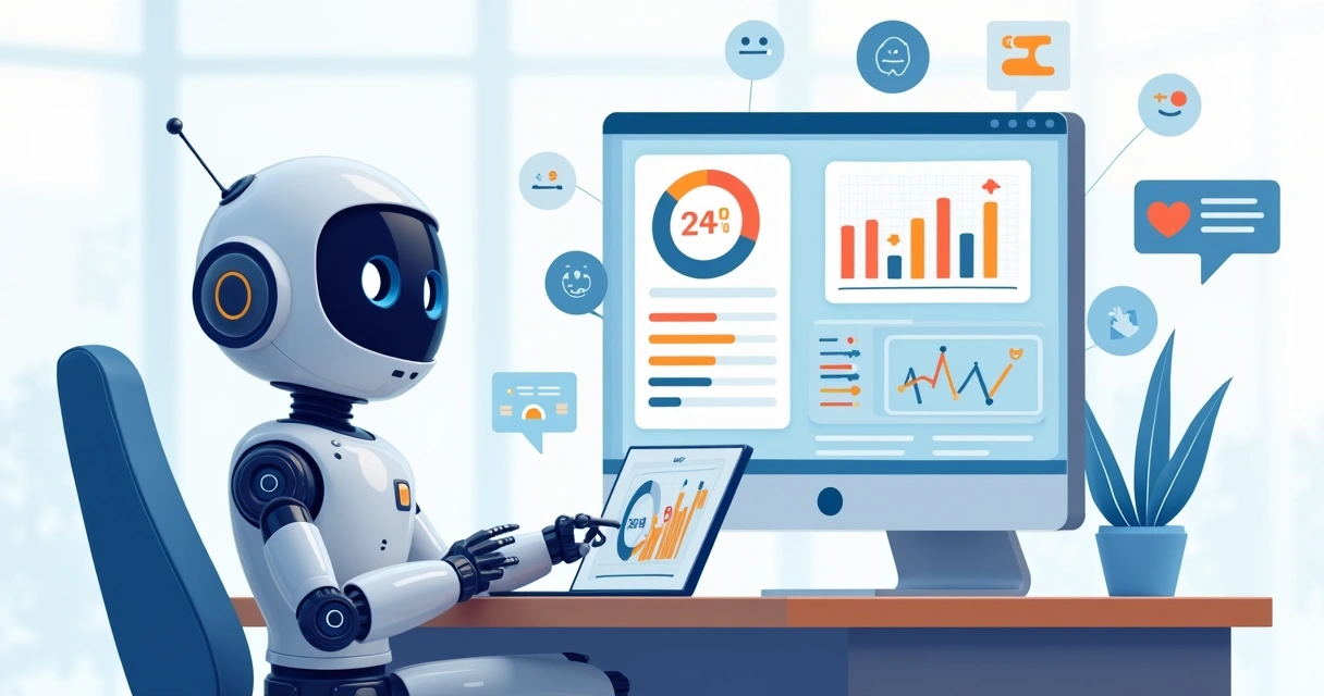 Robo analisando dados de feedback em dashboard digital