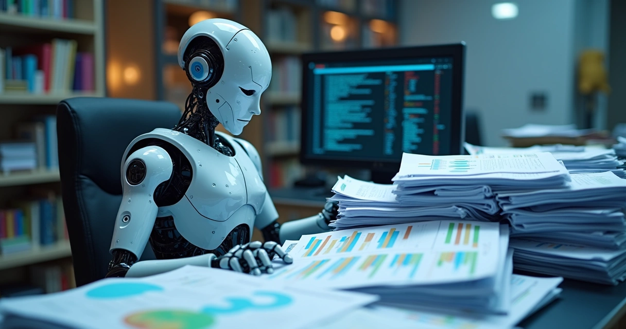 Robô digital analisando pilhas de relatórios com gráficos 
