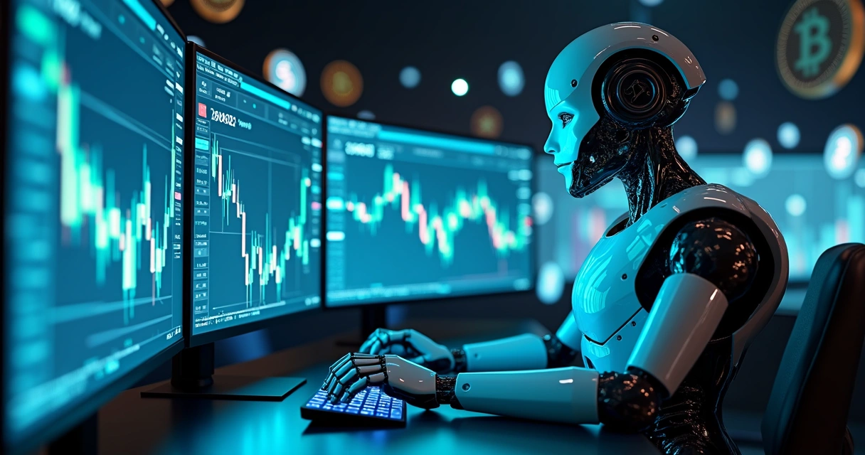 Robô de arbitragem operando em múltiplas telas com gráficos de criptomoedas e dados financeiros 