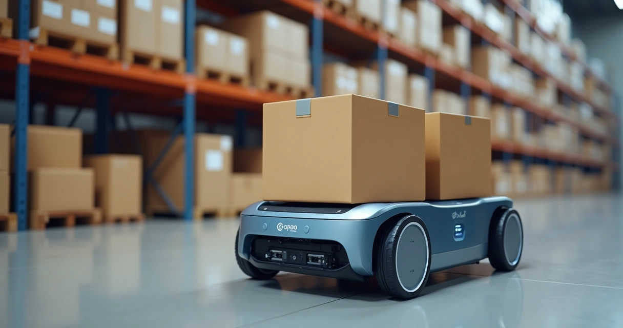 Robô industrial movendo caixas em armazém 