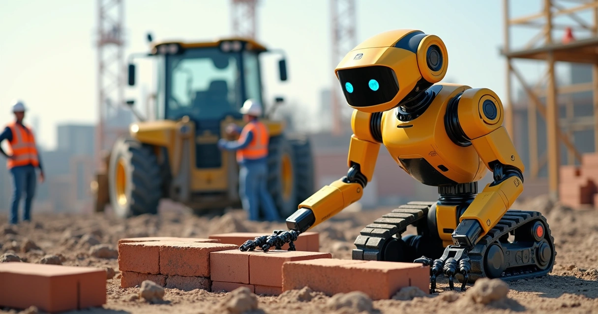 Robô instalando tijolos em canteiro de obras 