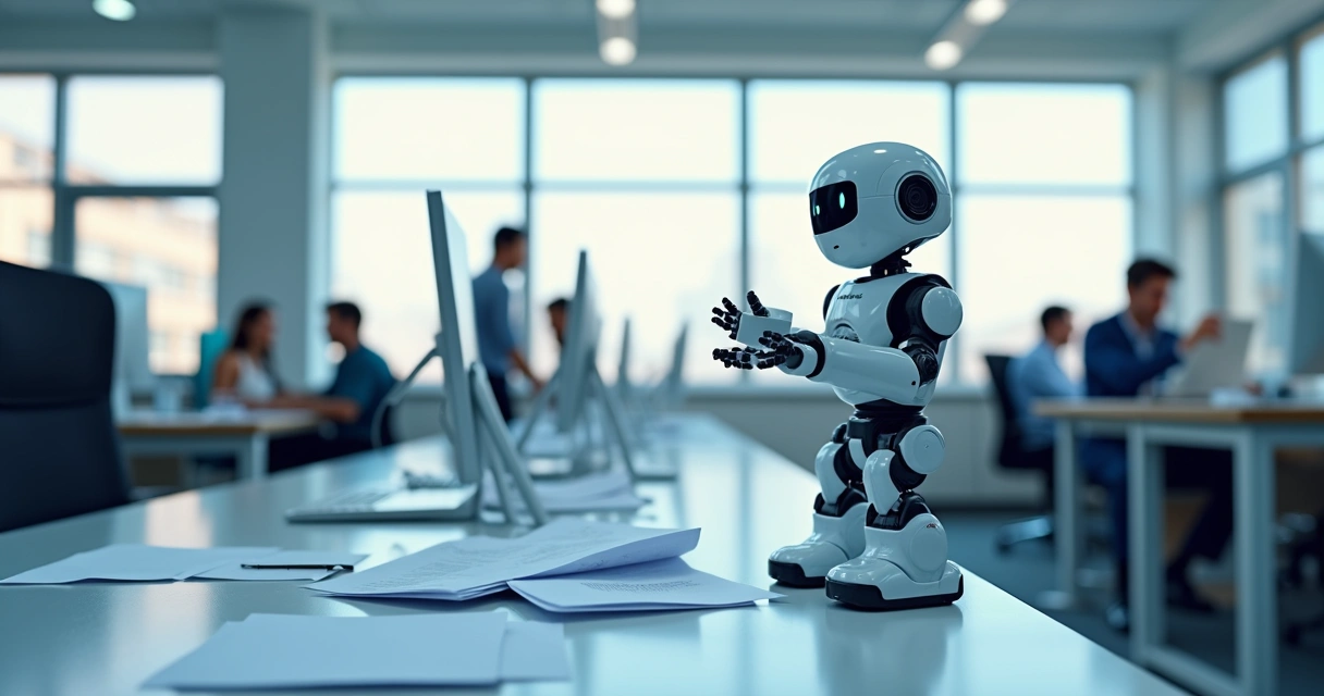 Pequeno robô digital organizando papéis e computadores em escritório 