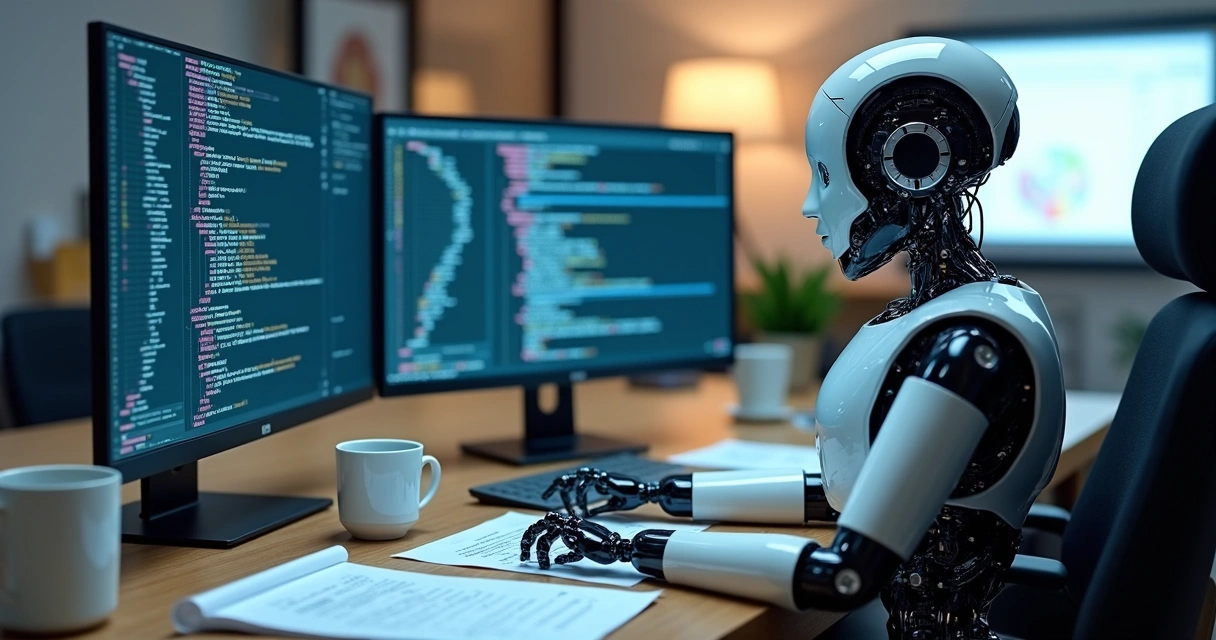 Robô digital trabalhando em lançamentos contábeis em planilhas e sistemas