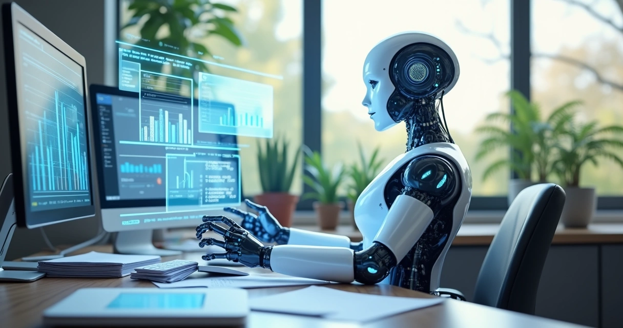 Robo digital organizar papéis na mesa de escritório 
