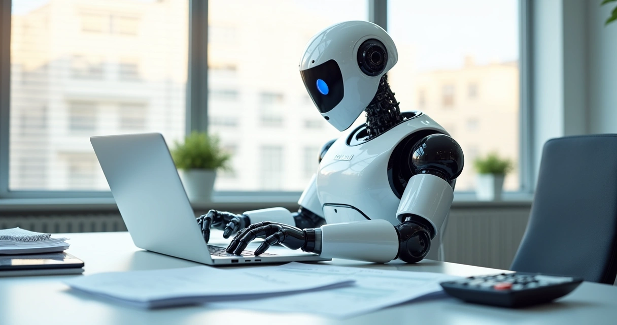 Robô branco com tela azul processando documentos financeiros em mesa clara 