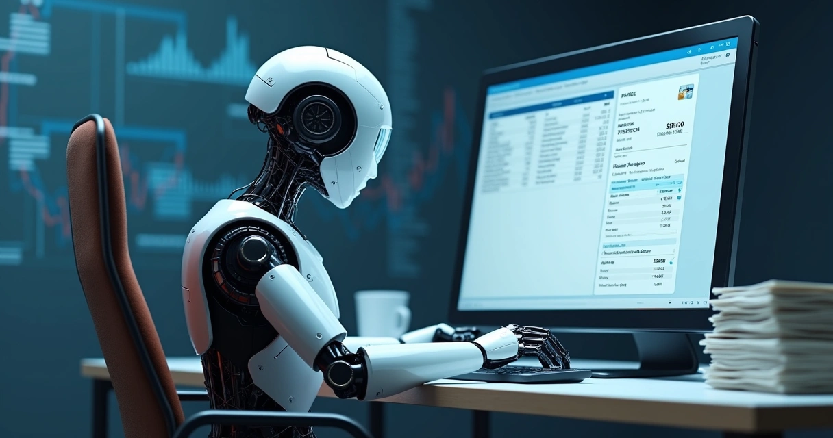 Robô digital conferindo nota fiscal eletrônica em tela de computador 