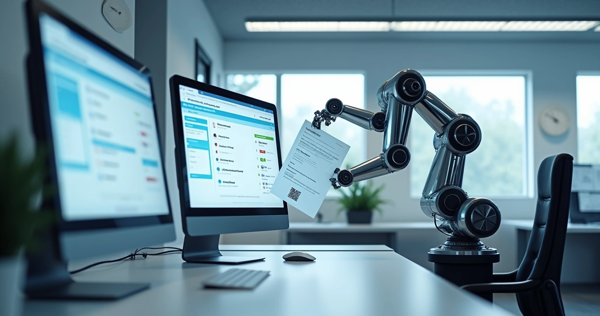 Robô digital processando certidões negativas em múltiplos monitores 