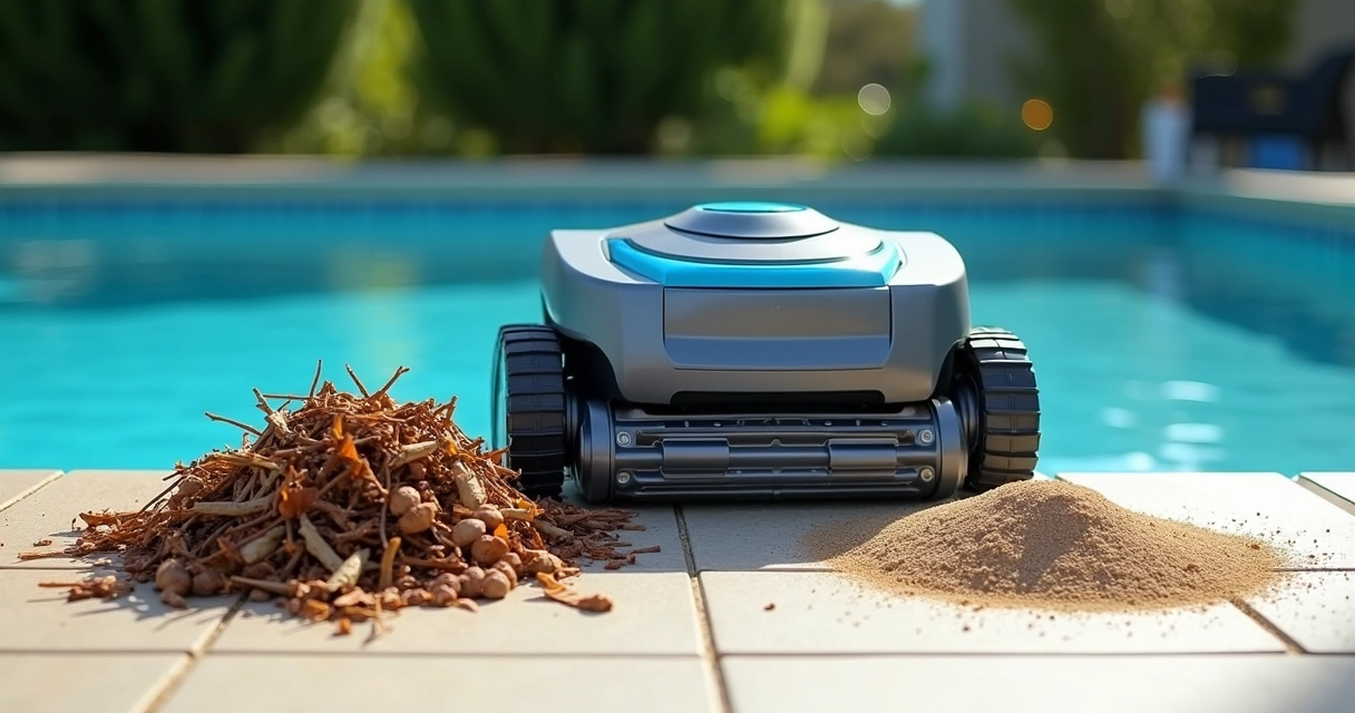 Robotic pool cleaner beside leaf debris and fine pool dust