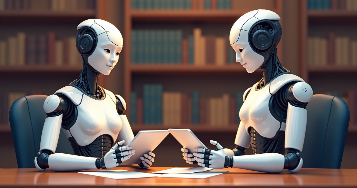 Robô ajudando advogado em cartório com papéis digitais e físicos 