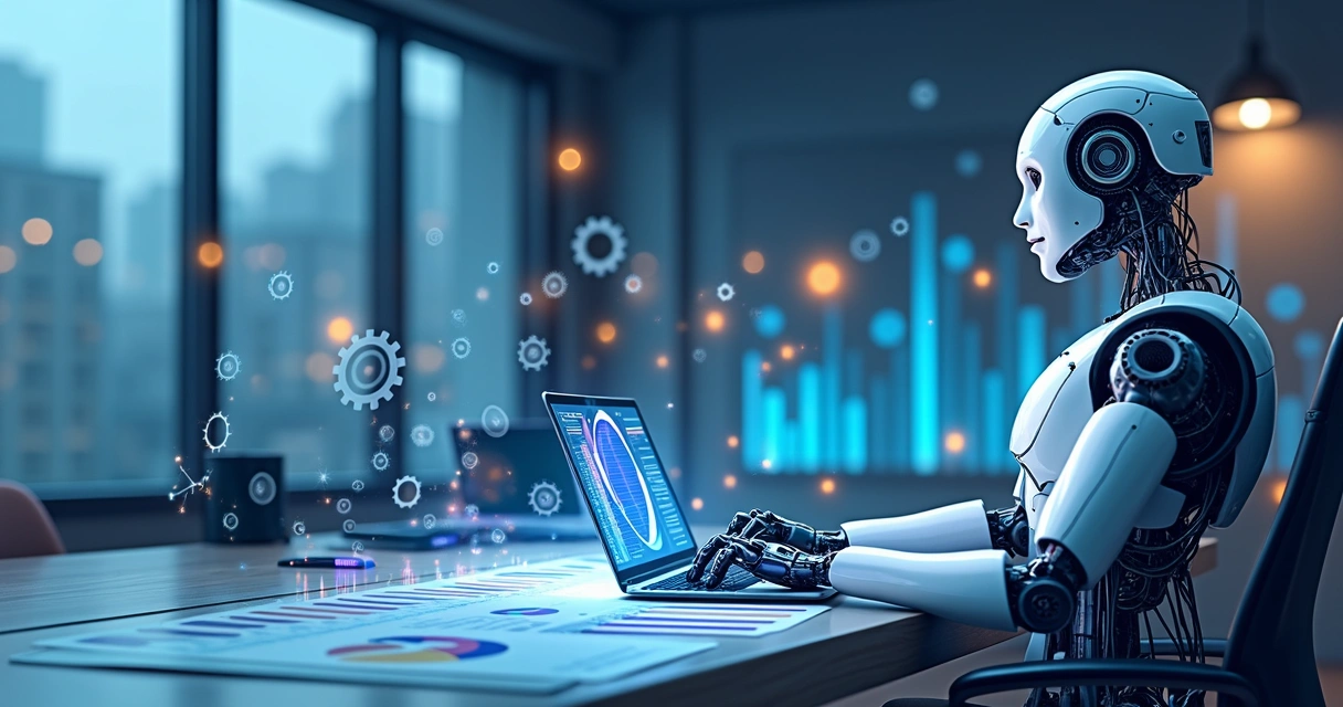 Robô digitando em notebook ao lado de planilhas com gráficos coloridos 
