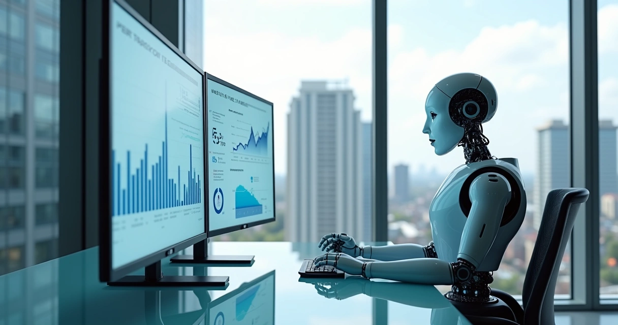 Robô analisando gráficos fiscais em telas digitais, representando automação tributária. 