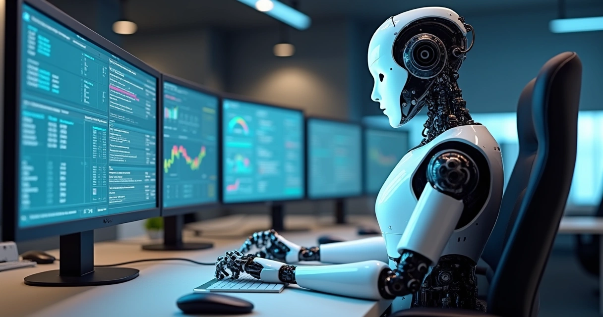 Representação digital de um robô profissional trabalhando em tarefas contábeis. 