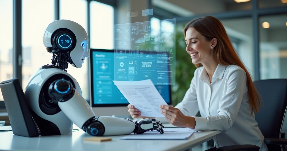 Robô digital realizando tarefas de contabilidade em tela de computador 