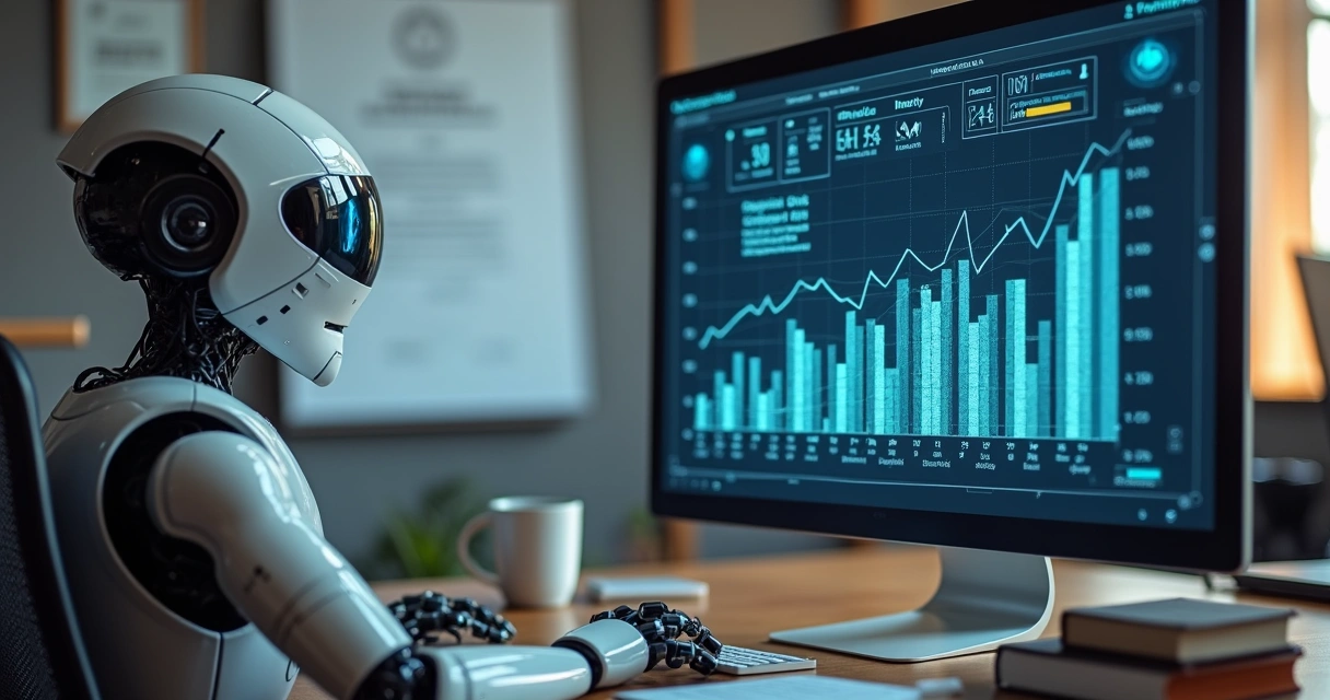 Robô digital interagindo com tela de sistema contábil 