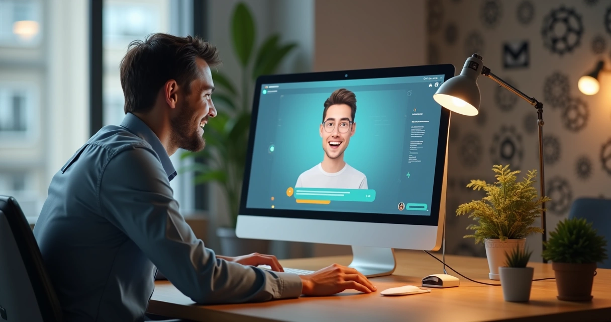 Homem sorrindo olhando para chat em tela com avatar de robô 