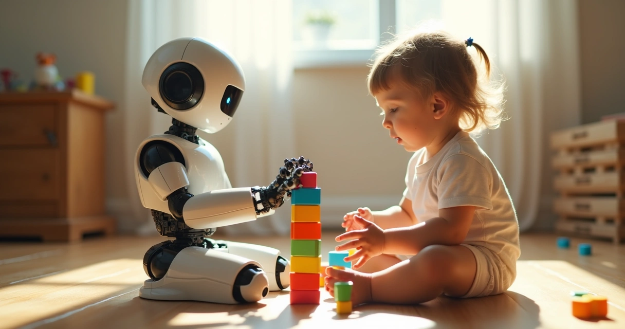 Robô e criança brincando com blocos coloridos 