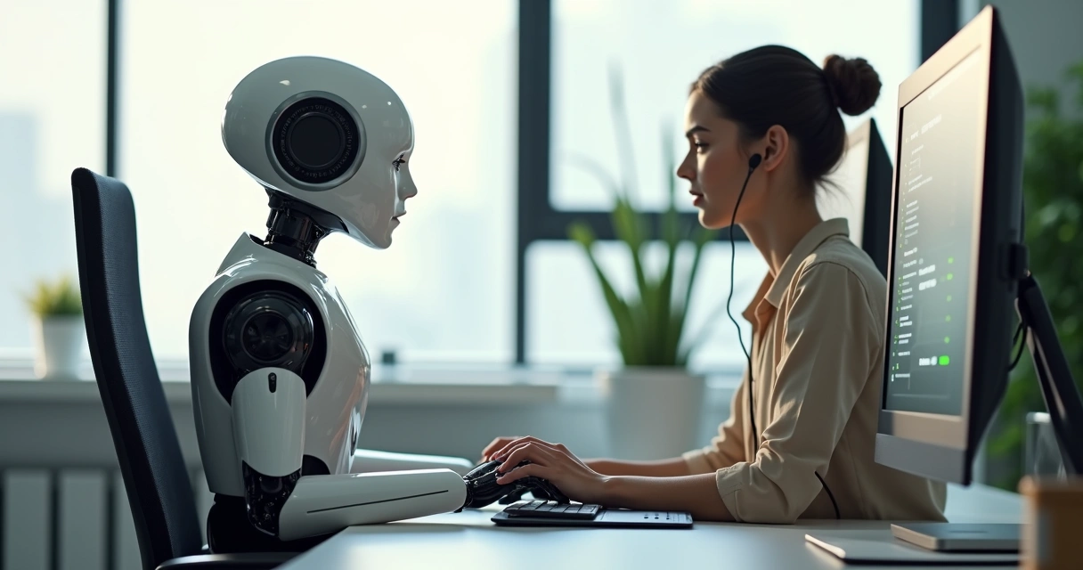 Robô digital interagindo com atendente humano em ambiente de escritório 