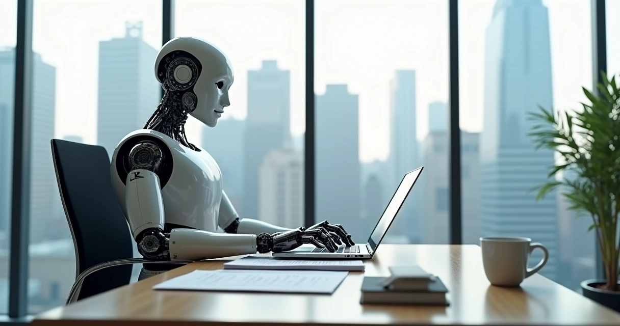 Robô escrevendo relatório em mesa de escritório 