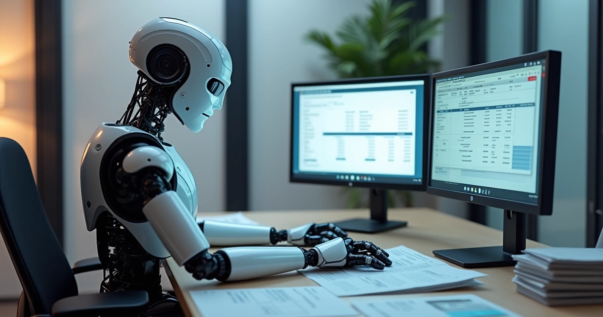Robô digital sentado em mesa de escritório, analisando documentos fiscais na tela do computador 
