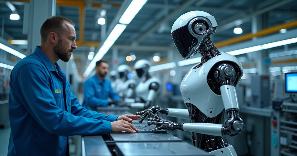 Robô industrial operando ao lado de trabalhadores em uma linha de montagem 