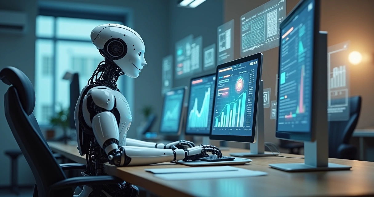 Robô digital simulando trabalho contábil em computador 