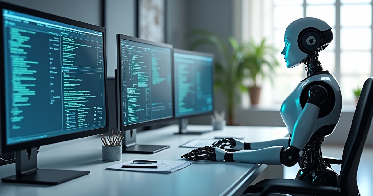 Ilustração de robô fiscal realizando conferência eletrônica de arquivos SPED em ambiente de escritório