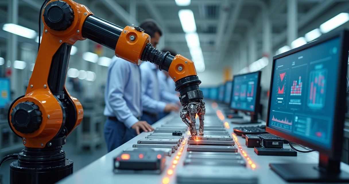 Robô colaborativo trabalhando em linha de produção 