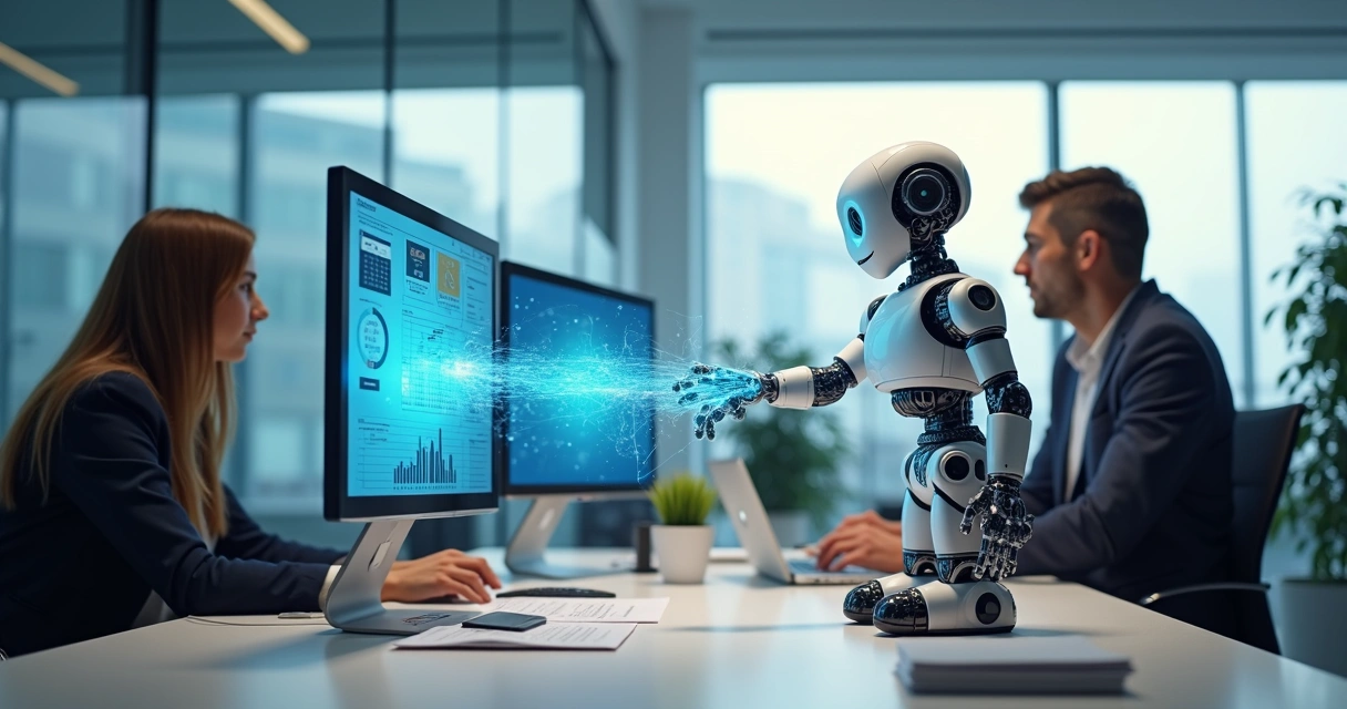 Robô digital conectando sistemas contábeis e administrativos em escritório moderno 