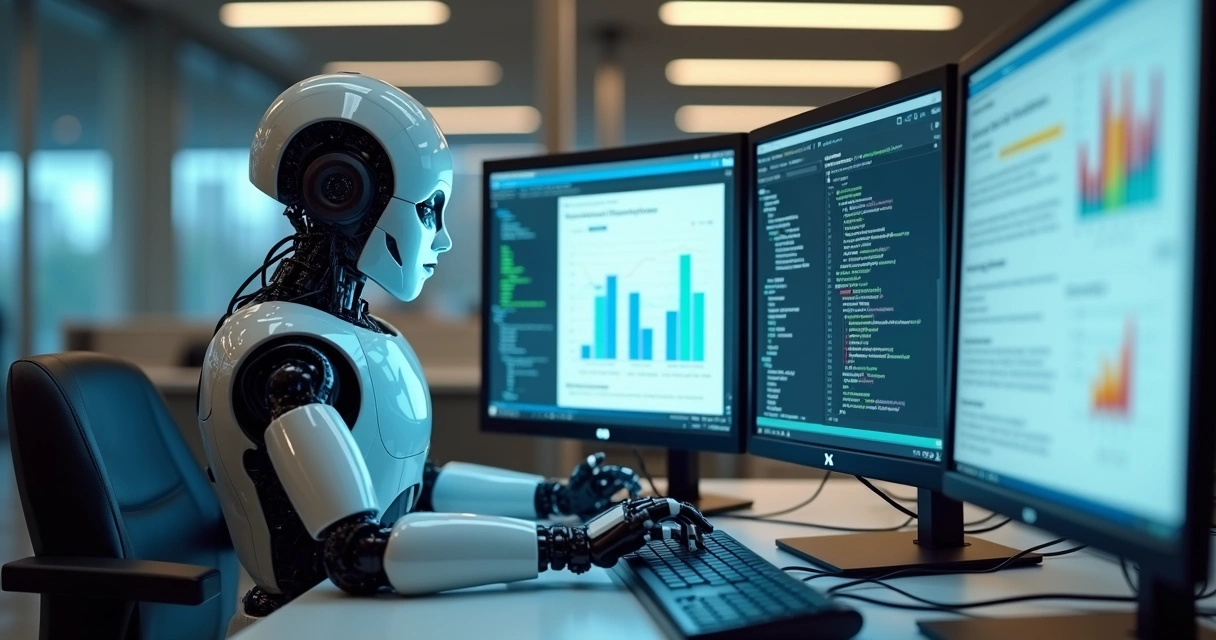 Robot between computer screens exchanging data 