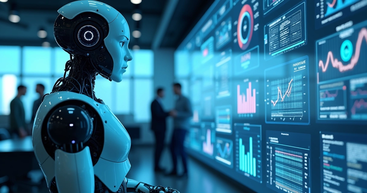 Robô digital analisando dados em empresa 