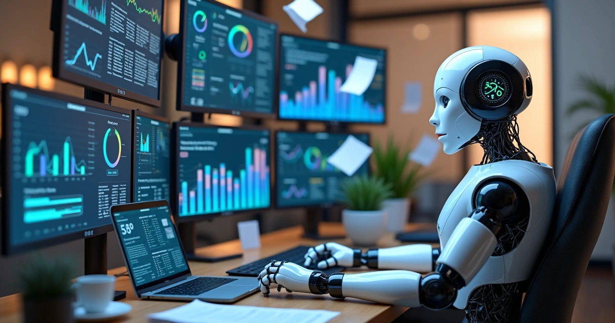 Robô financeiro analisando múltiplos dados de finanças empresariais 